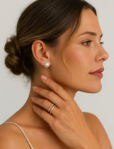 Artelia 18K White Gold Halo Moon Diamond and Pearl Earrings