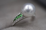 TSAVORITE, DIAMOND AND SOUTH SEA PEARL RING