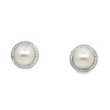Artelia 18K White Gold Halo Moon Diamond and Pearl Earrings