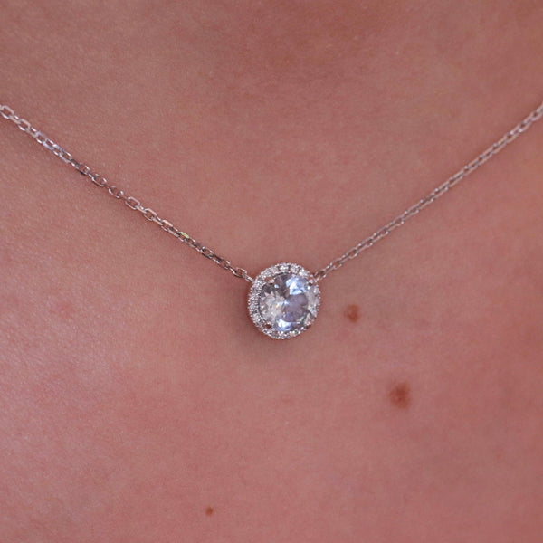 18K white gold round topaz and diamond halo necklace - Artelia Jewellery