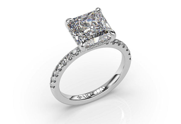 Princess Cut Lab Grown Diamond Ring With a Hidden Halo and Side Diamonds