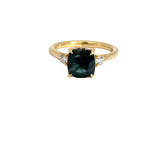 Bespoke 18K yellow gold teal sapphire and diamond ring