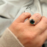 Bespoke 18K yellow gold teal sapphire and diamond ring