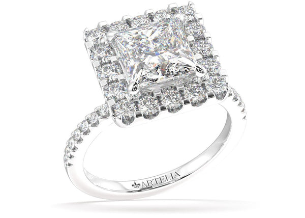 PRINCESS CUT LAB GROWN DIAMOND ENGAGEMENT RING WITH A HALO AND SIDE DIAMONDS