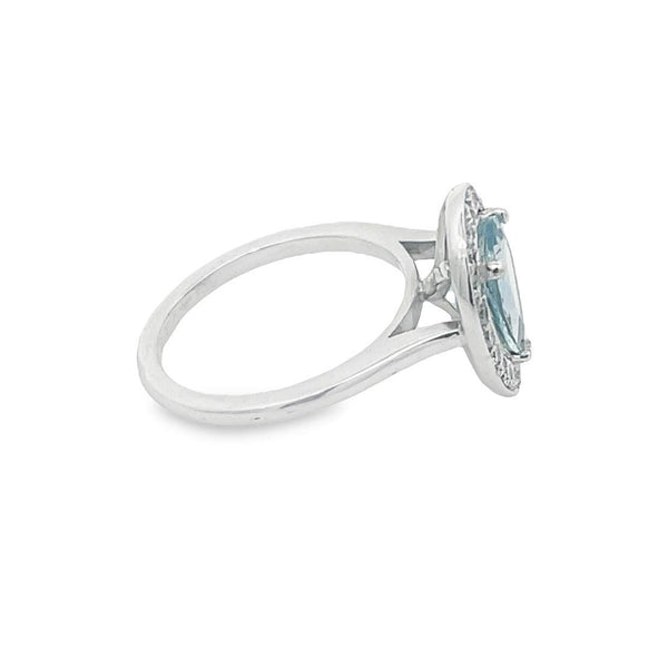 18K White Gold Aquamarine & Diamond Halo Ring - Artelia Jewellery