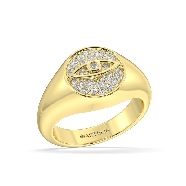 9K Yellow Gold Diamond Evil Eye Signet Ring