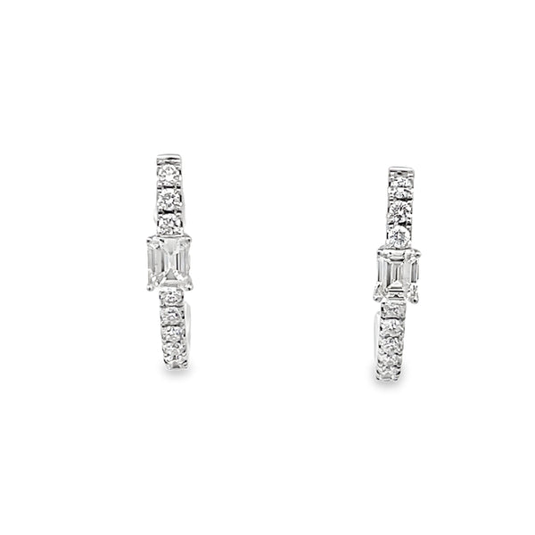 Emerald Cut Diamond Hoop Eearrings in 18K White Gold