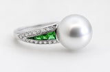 TSAVORITE, DIAMOND AND SOUTH SEA PEARL RING