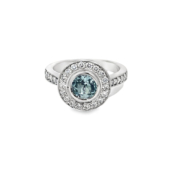 Round Aquamarine and Diamond Halo Ring