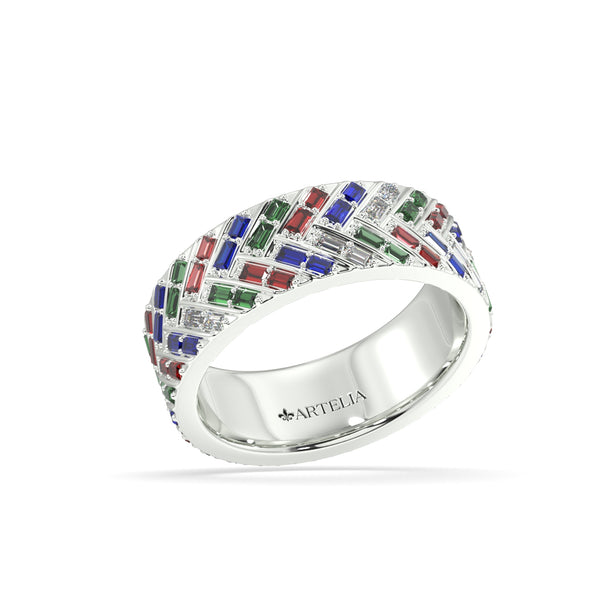 Diamond, emerald, ruby and sapphire Herringbone Wedding Ring
