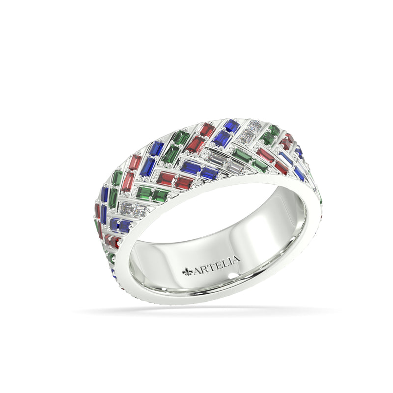 Diamond, emerald, ruby and sapphire Herringbone Wedding Ring