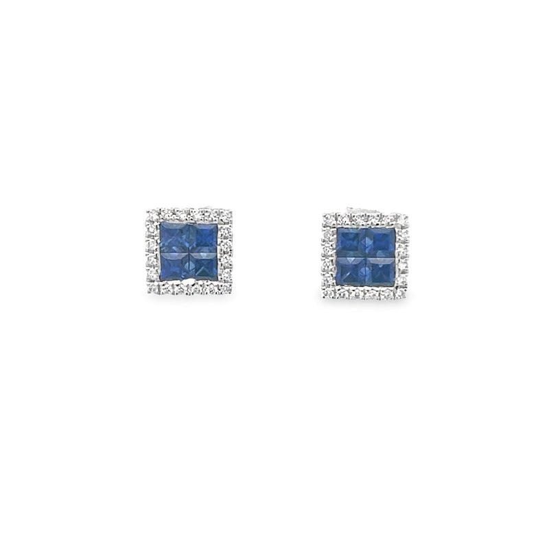 18K White Gold Blue Sapphire And Diamond Stud Earrings