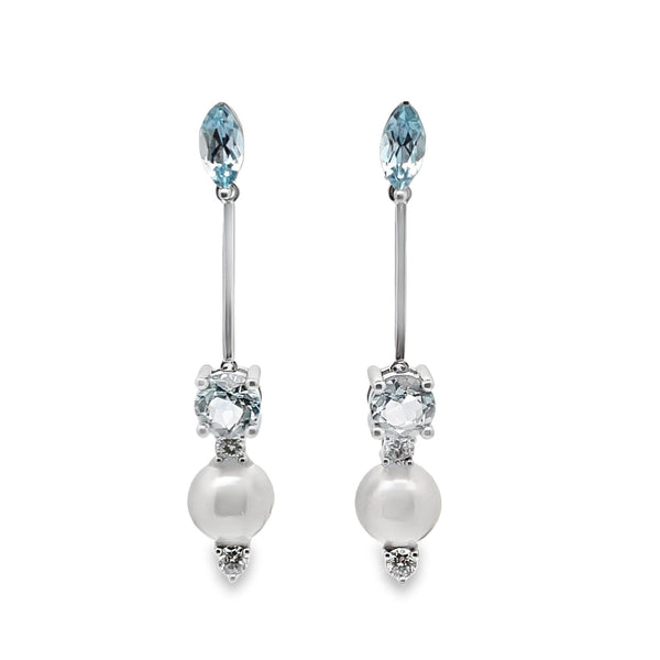 18K White Gold South Sea Pearl , Diamond and Topaz Earrings
