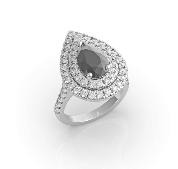 Black Diamond Pear Shape Double Halo Ring - Artelia Jewellery